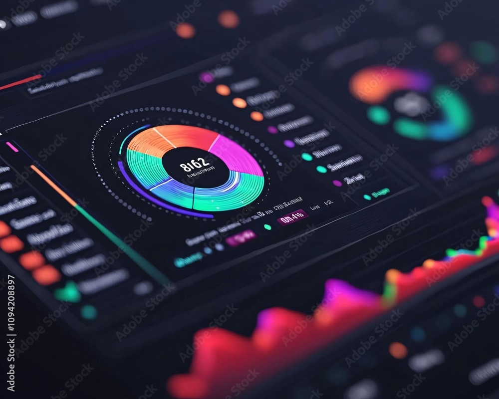 Poster modern digital dashboard displaying colorful data visualizations and analytics metrics for tech-savv