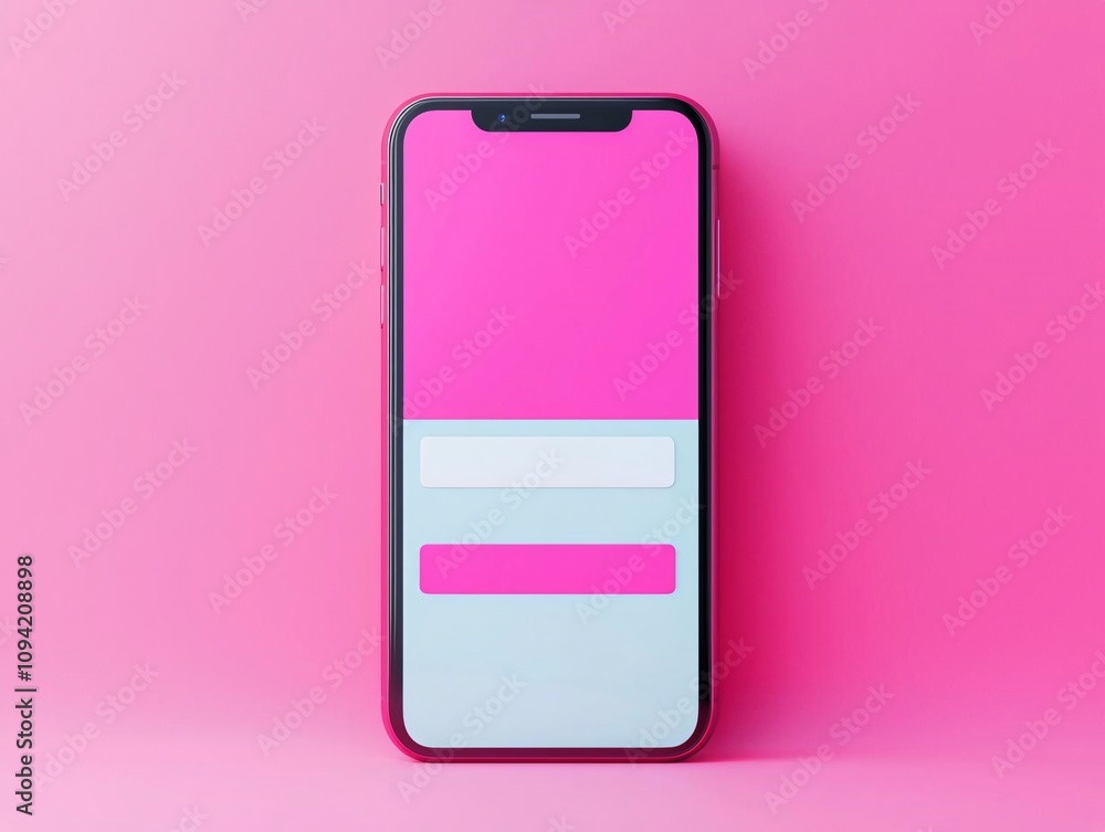 Poster modern mobile phone on vibrant pink background displaying a colorful app interface with empty fields