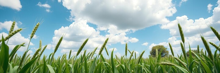 Obraz premium Green wheat plants swaying gently in the wind under a vast blue cloudy sky with a few trees scattered throughout, serene view, farm scene, agricultural land