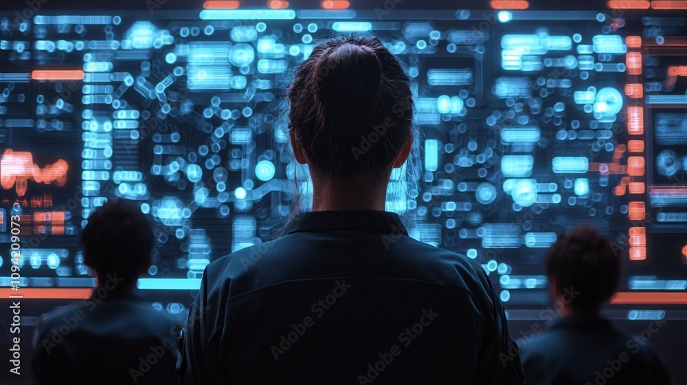 Poster people working together in a high-tech control room analyzing data on digital screens for decision m