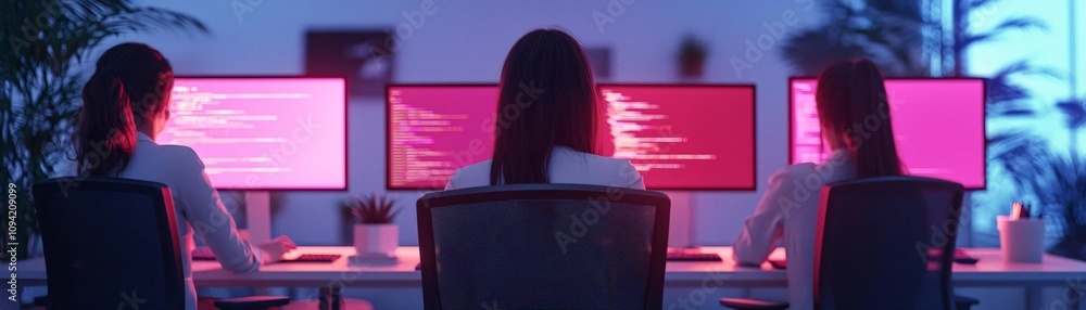 Poster three professionals focus on coding at modern workstations with colorful screens in an innovative of
