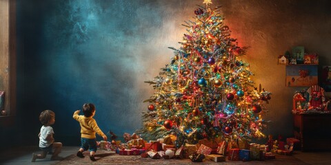 A Christmas tree decorated with multi-colored lights, ornaments in various shapes, and garlands of beads, with children playing nearby
