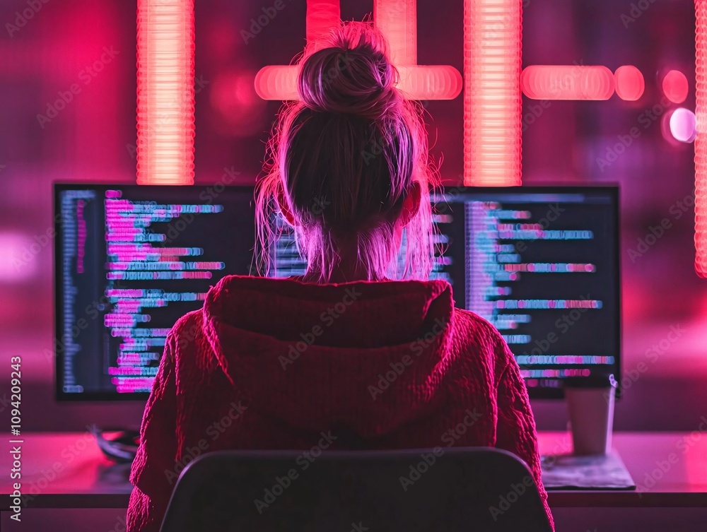 Poster young woman coding in a vibrant environment with dual screens and neon lights, focused on programmin