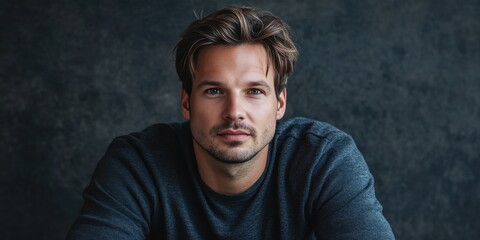Fototapeta premium Confident Young Man in Casual Sweater Posing Against Dark Background