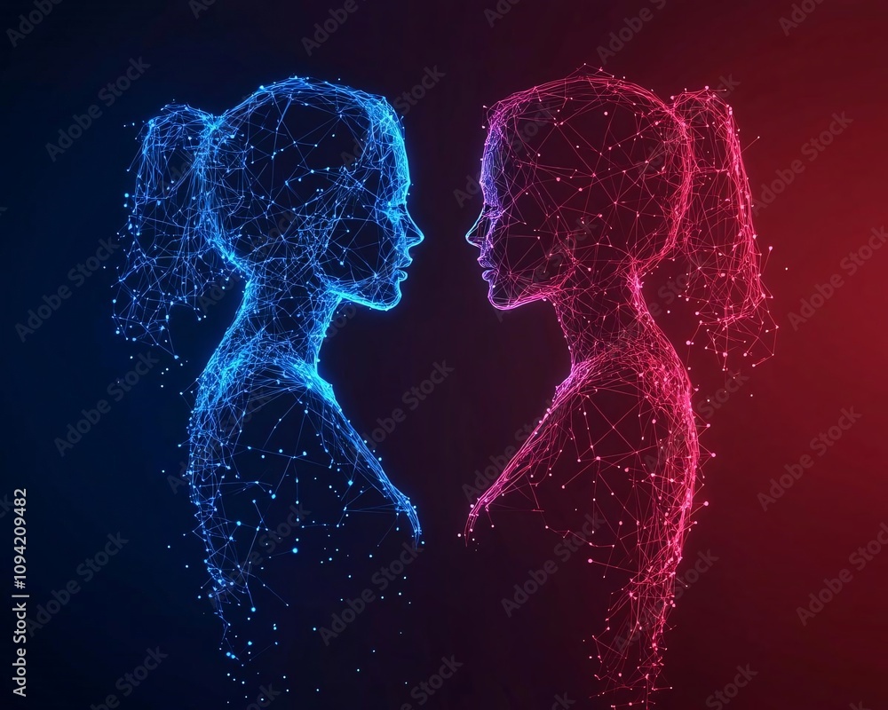 Poster a digital representation of two abstract figures in blue and red, symbolizing connection and duality