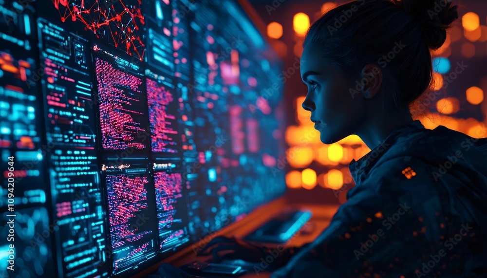 Poster a focused individual analyzing data on a high-tech screen, showcasing the intersection of technology