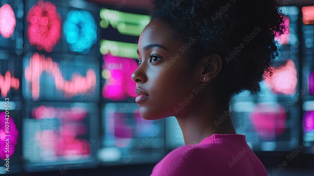 Poster a focused individual analyzing data in a modern tech environment, illuminated by vibrant display scr