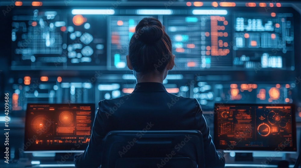 Poster a focused individual analyzing data on multiple monitors in a high-tech workspace filled with glowin