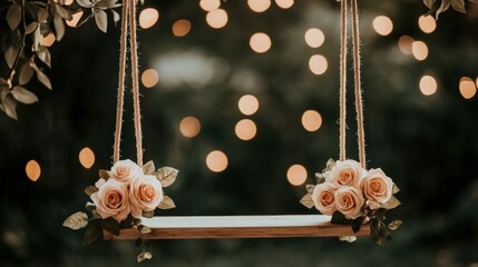 Valentine emotion on romantic date night floral swing background with roses and fairy lights in a dreamy garden setting