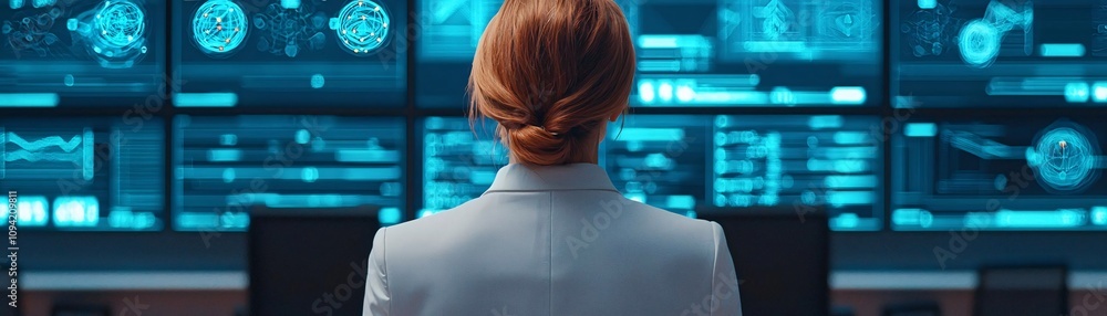 Poster a focused professional analyzing data streams in a modern control room filled with digital screens.
