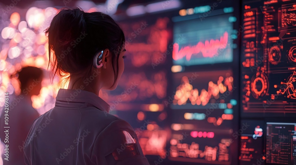 Poster a focused professional analyzing data on futuristic interfaces in a high-tech environment.