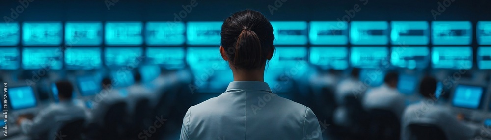 Poster a focused professional monitors digital screens in a control room filled with data and technology.