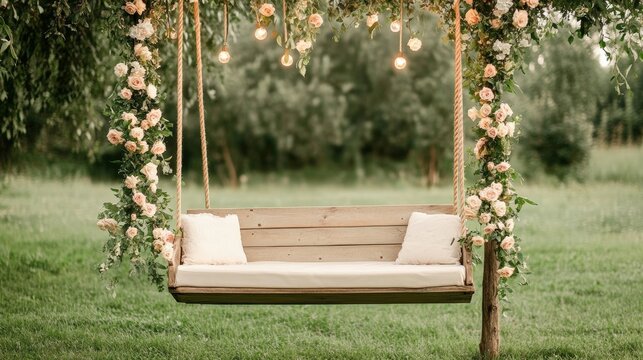 Romantic flower swing setup for date night valentine background outdoor garden with roses and fairy lights in a dreamy garden setting