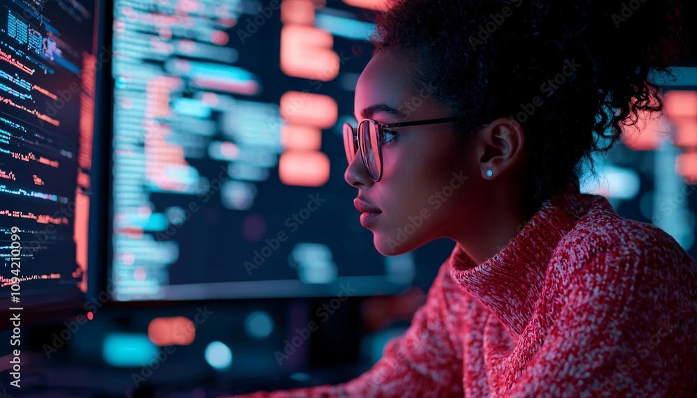 Poster a focused woman works with advanced code on multiple screens, showcasing the world of programming an