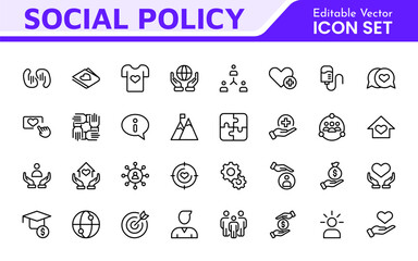 Set of Social Policy and Insuranceline icons. Outline icon collection related to education, insurance, law, goverment and more.