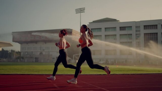 Two women running on a track with a sprinkler system in the background. Scene is energetic and active