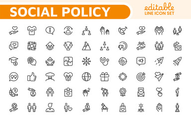 Set of Social Policy and Insuranceline icons. Outline icon collection related to education, insurance, law, goverment and more.