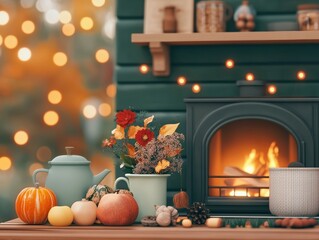 Obraz premium Cozy date night by the fireplace with fresh flowers and pumpkin decor romantic valentine background
