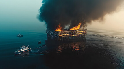 Fototapeta premium Oil Rig Fire Causes Pollution Crisis for Aquatic Animals in Ocean Environment Aerial View Environmental Disaster