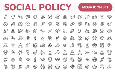 Set of Social Policy and Insuranceline icons. Outline icon collection related to education, insurance, law, goverment and more.