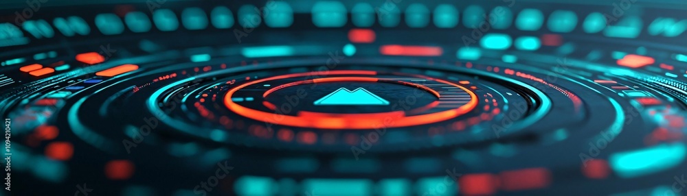Poster a mesmerizing digital abstract design showcasing vibrant circular patterns and futuristic elements.