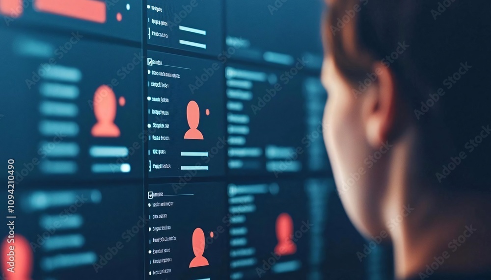 Poster a person analyzes data on multiple digital screens, showcasing modern technology and user interface 