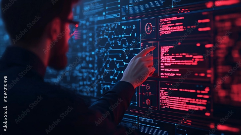 Aufkleber a person interacting with a futuristic digital interface, showcasing advanced technology and data an