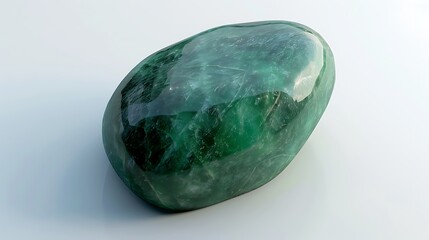 A polished emerald green stone with a vibrant shine, isolated on a white surface.