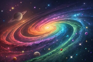 Obraz premium Iridescent rainbow galaxy swirling vortex with colorful stars and planets, colorful, shimmering, vibrant