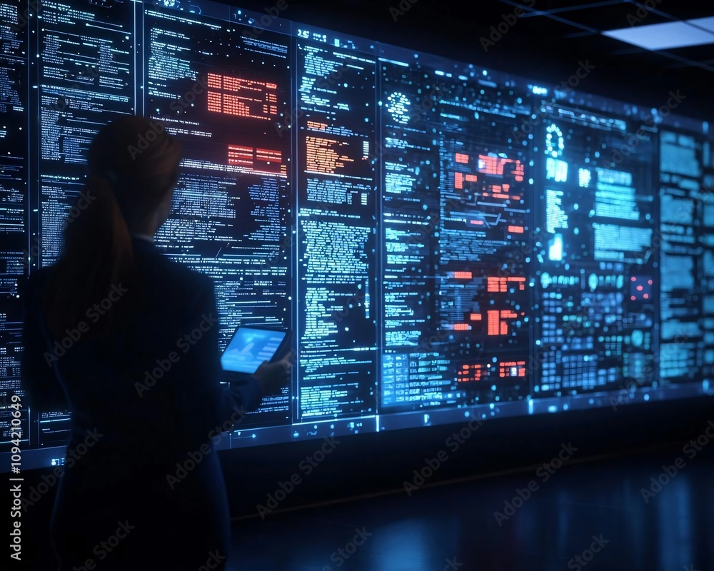 Poster a professional analyzing data on a digital display in a modern control room, highlighting advanced t