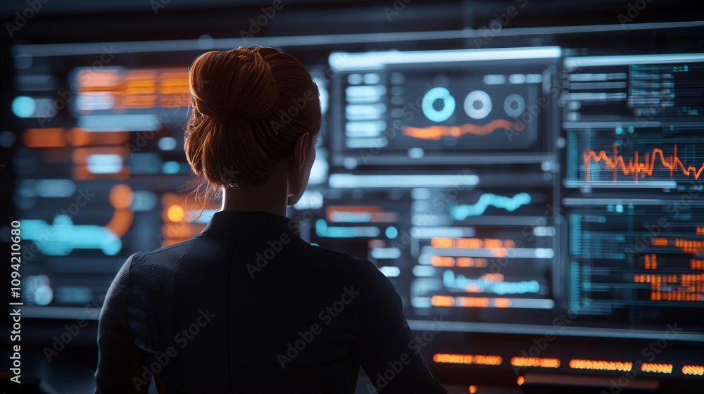 Poster a professional woman analyzing data on a futuristic digital display in a modern workspace environmen