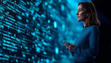 A professional woman analyzes digital data on an interactive screen, highlighting technology's impact on modern life.