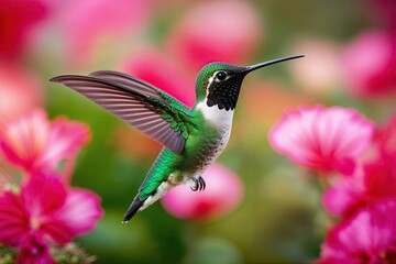 Fototapeta premium Vibrant Hummingbird with Emerald Green Feathers Isolated on a Floral Background
