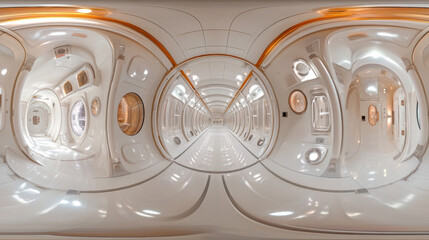 360 degree panorama view.A spaceship hallway, shown in a 360-degree view, features a futuristic white design with shiny reflections.  It's a 3D image.