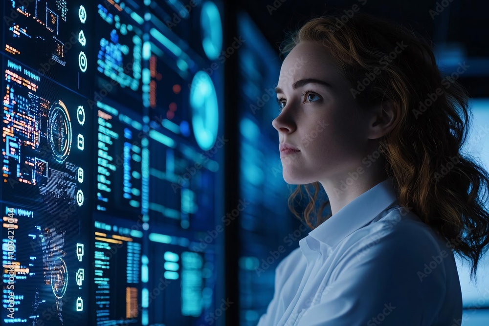 Poster a woman engages with advanced technology, analyzing data on a large interactive screen in a modern s