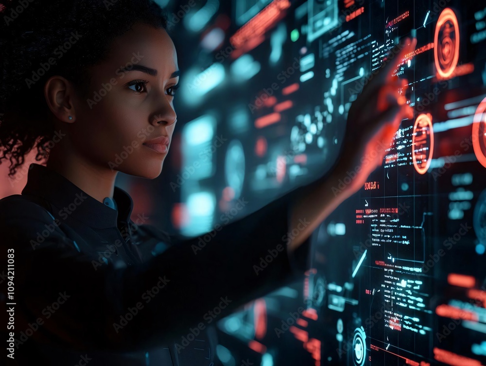 Poster a woman interacting with a futuristic digital interface filled with data and graphics.