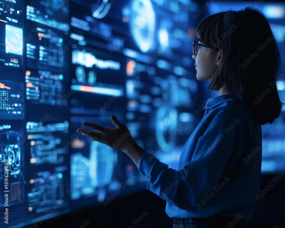 Poster a young girl interacts with a digital interface showcasing advanced technology and data visualizatio