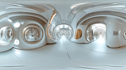 360 degree panorama view.A 3D image shows a futuristic, white hallway.  It's a panoramic view, showing everything around.