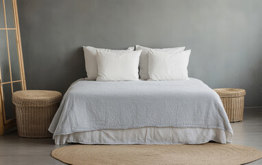 Cozy bedroom setup with neutral tones and natural textures in a contemporary space