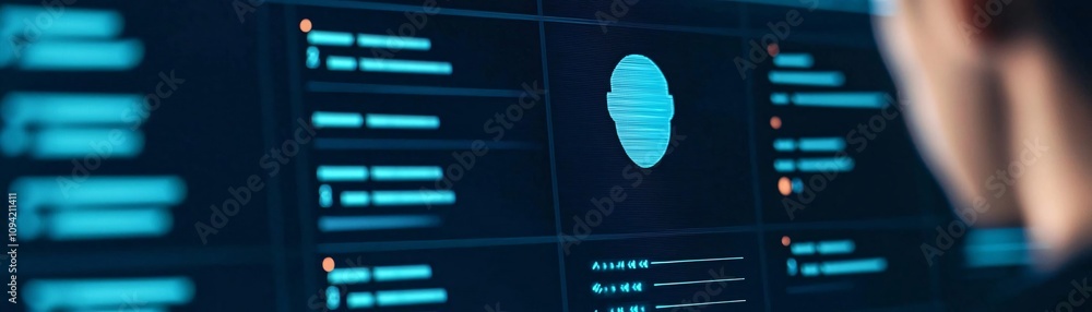 Poster close-up of a user interacting with advanced biometric identification technology on a digital interf