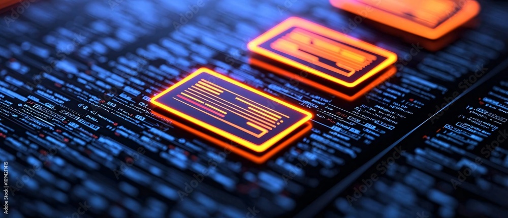 Poster close-up of glowing digital circuit board with vibrant electronic components and intricate data patt