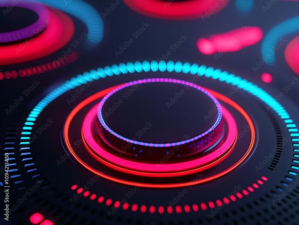 Poster close-up of modern control panel with vibrant led lights and intricate patterns for futuristic desig
