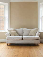 Cozy white sofa with pillows in light-filled room showcasing wooden floors