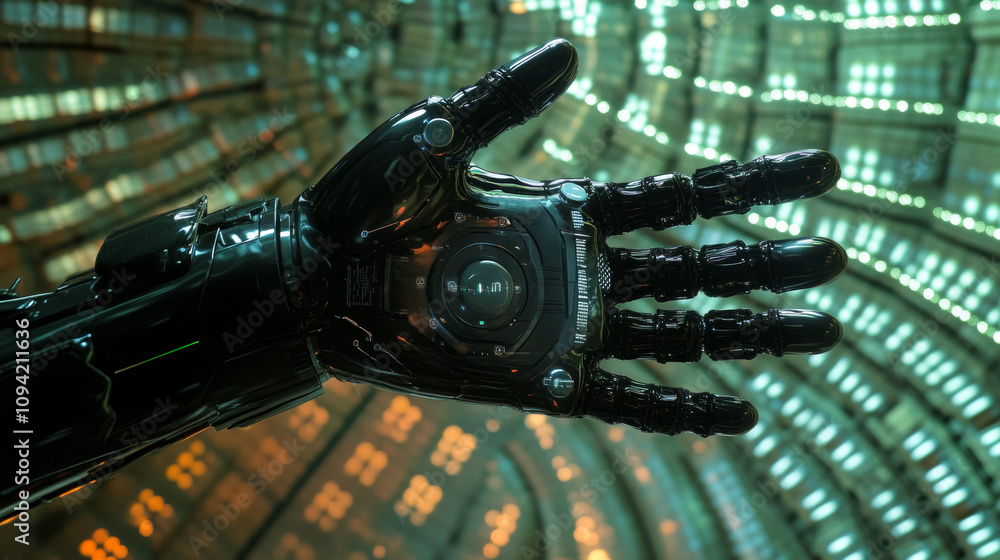 Poster a robot hand, designed using ai, is shown against a tech background. this image illustrates the conc