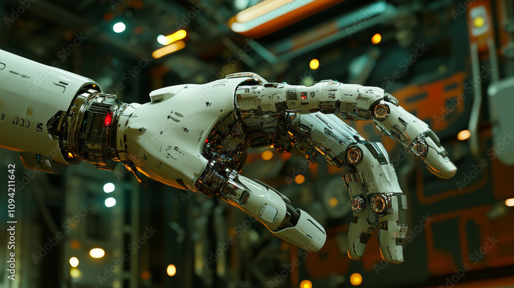 Poster a robot hand, designed using ai, is shown against a tech background. this image illustrates the conc