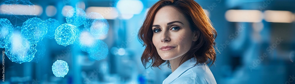 Poster focused scientist in a laboratory, examining data with a thoughtful expression and vibrant blue back