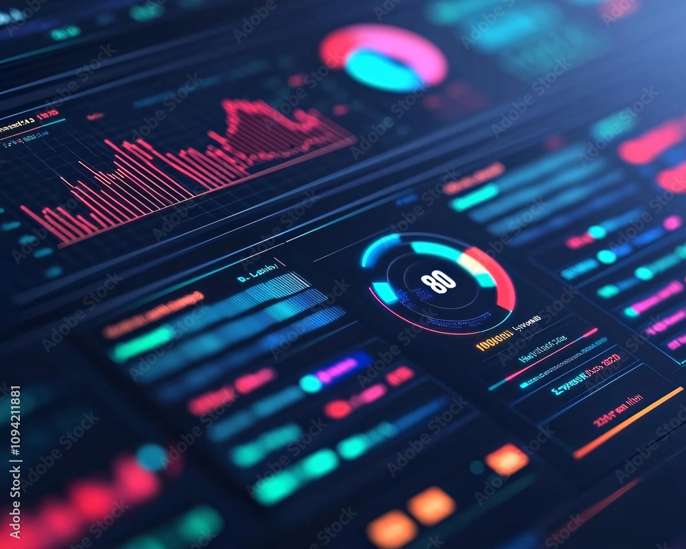 Poster futuristic digital dashboard displaying vibrant analytics and metrics for monitoring performance in 