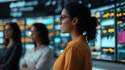 Fototapeta premium Focused women analyze data in a vibrant modern office environment, showcasing teamwork and innovation.