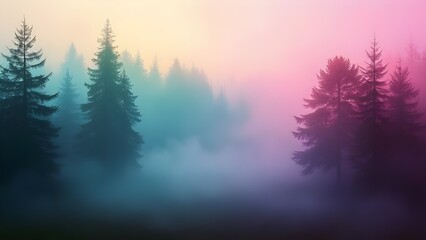 Ethereal Forest Dreamy Mist and Tree Silhouettes in Soft Hues Background