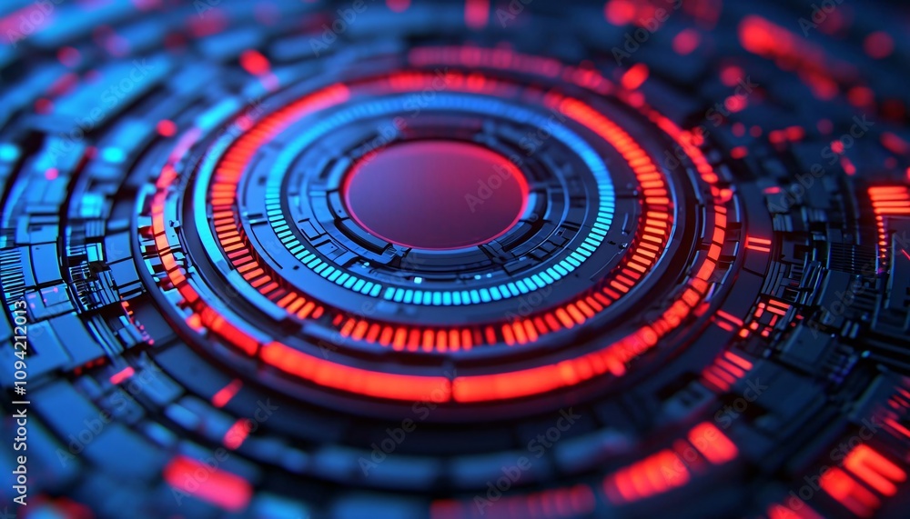 Poster futuristic digital interface with vibrant colors and circular patterns, showcasing modern technology